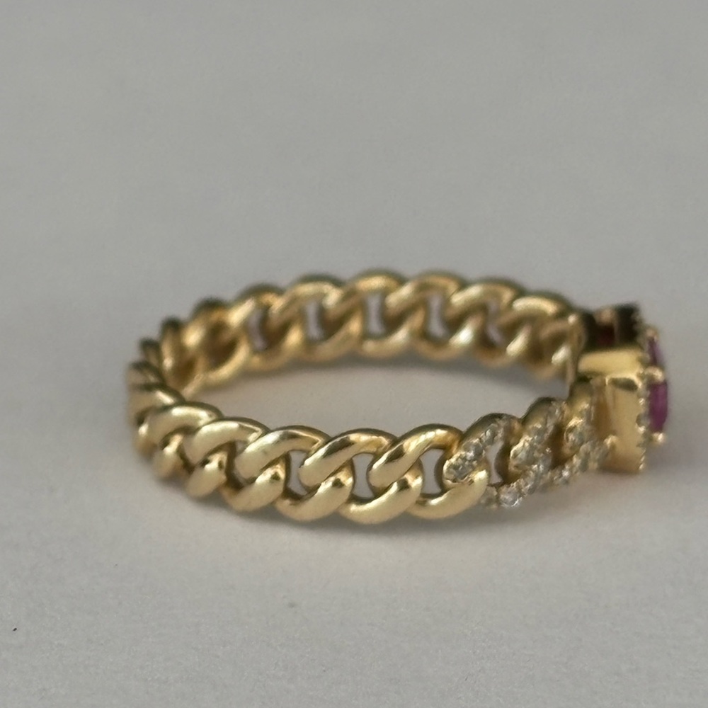 14 KT Gold Chain-Link Ring with Pink Emerald-Cut Sapphire Diamond Halo 6.5 - Picture 7 of 8